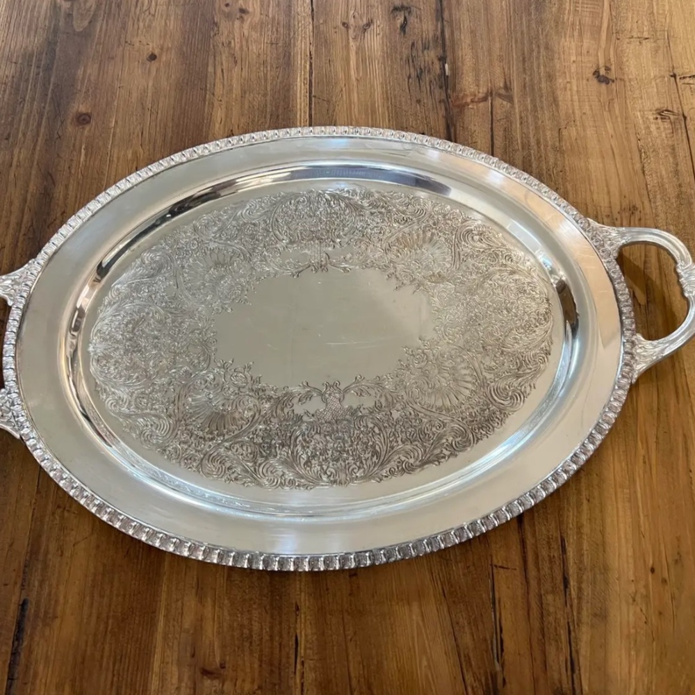 Vintage Rogers Bro 1782 Engraved Oval Silver Plate Serving Platter Tray